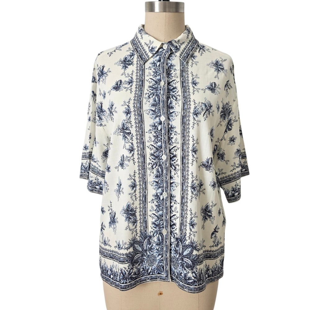 Max Studio London Womens Blue White Toile Floral Button Down Blouse NWT M